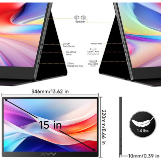 AYY A15G1B Moniteur portable pour ordinateur portable 15", FHD 1080p USB C